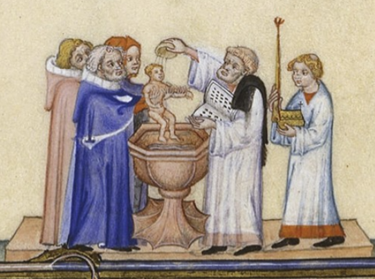 Middeleeuwse doop van pasgeborene
